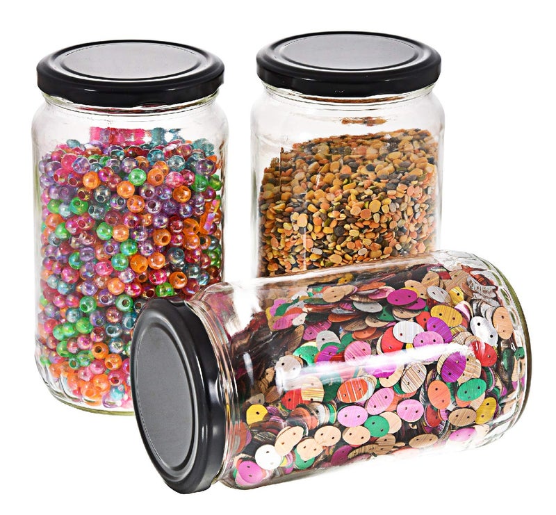 Machak Round Glass Jar Storage Container with Airtight Black Metal Cap Set of 3, 800 ml,Clear - Image 1