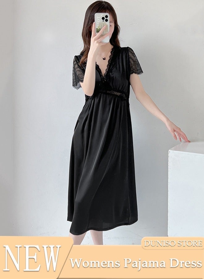 DUNISO Women's Short Sleeve Nightgown Lace Pajama Dress Sleepwear Girls Comfortable V Neck Nightwear Summer Home Wear Lounge Dress - Image 1
