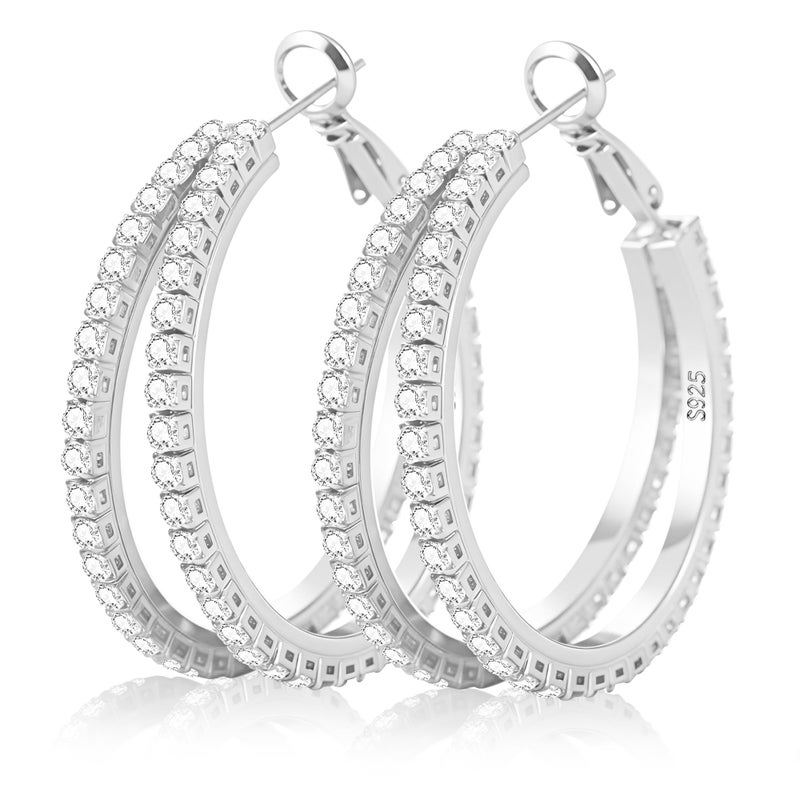 Senteria S925 Sterling Silver Hoop Earrings for Women Hypoallergenic Silver Double Hoop Earring Non Tarnish 14K Gold Plated Hoops with Cubic Zirconia Gold Double Hoops Earring for Women 25/30/40mm - Image 1