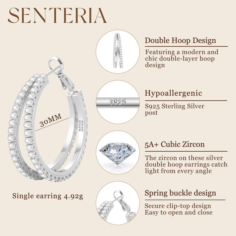 Senteria S925 Sterling Silver Hoop Earrings for Women Hypoallergenic Silver Double Hoop Earring Non Tarnish 14K Gold Plated Hoops with Cubic Zirconia Gold Double Hoops Earring for Women 25/30/40mm - Image 2