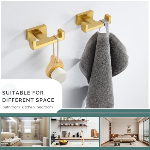 Angle Simple Double Towel Hook Brushed Gold 2 PCS, SUS304 Stainless Steel Bathroom Hand Towel Holder, Double Robe Hook for Wall - Image 3