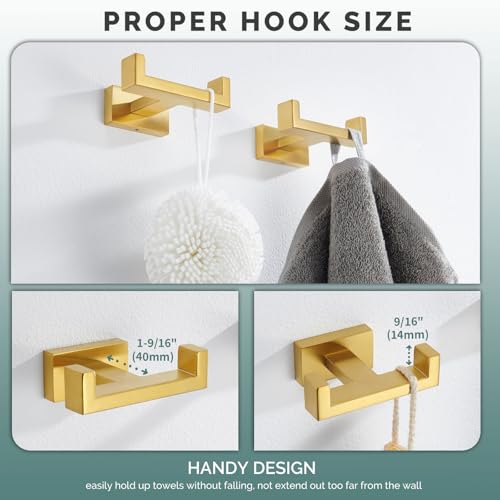 Angle Simple Double Towel Hook Brushed Gold 2 PCS, SUS304 Stainless Steel Bathroom Hand Towel Holder, Double Robe Hook for Wall - Image 4