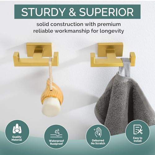Angle Simple Double Towel Hook Brushed Gold 2 PCS, SUS304 Stainless Steel Bathroom Hand Towel Holder, Double Robe Hook for Wall - Image 5