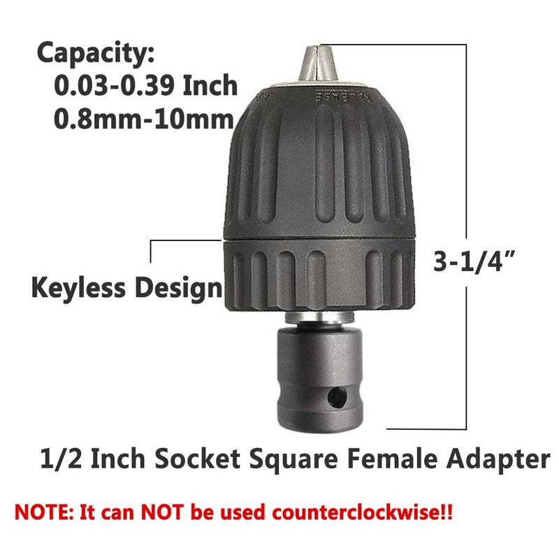 Yakamoz 0.8-10mm Keyless Drill Chuck Quick Change Converter Conversion Tool with 1/2 Inch Socket Square Female Adapter for Air Impact Wrench | 1/32" - 3/8" Capacity - Image 4