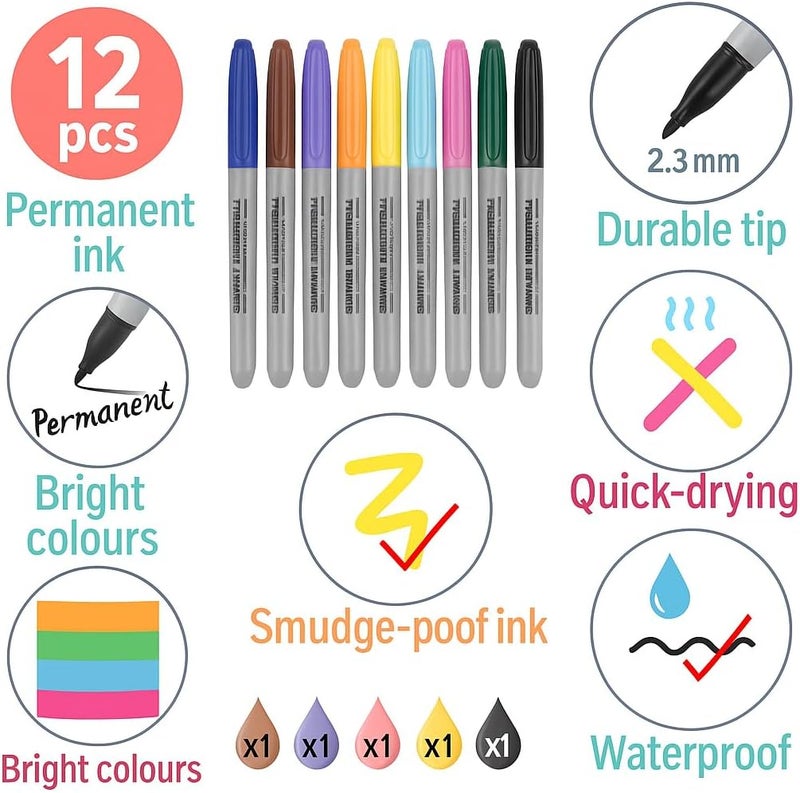 Fitto 12 Pieces 2-3mm Permanent Markers Assorted Colors 13.1cm - Image 2