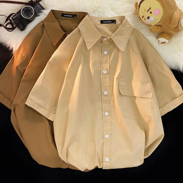 2024 Japanese Style Retro Short-Sleeved Shirt Men'S Summer Workwear Casual Pure Color Loose Large Size Export Cardigan Shirt - Image 2