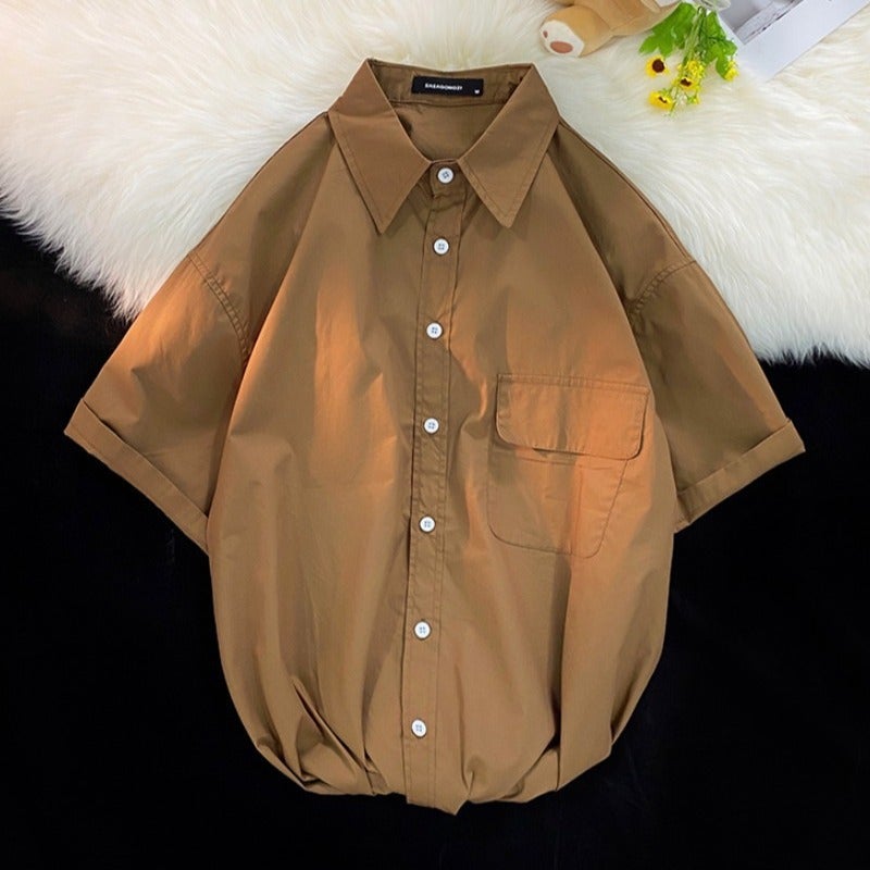 2024 Japanese Style Retro Short-Sleeved Shirt Men'S Summer Workwear Casual Pure Color Loose Large Size Export Cardigan Shirt - Image 3