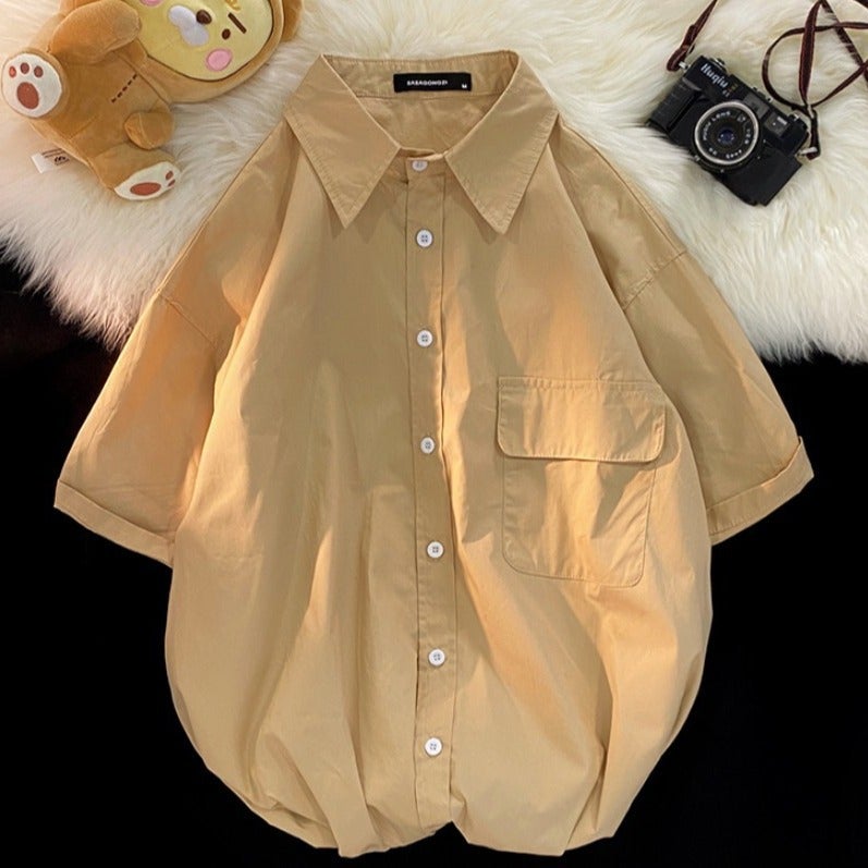 2024 Japanese Style Retro Short-Sleeved Shirt Men'S Summer Workwear Casual Pure Color Loose Large Size Export Cardigan Shirt - Image 4