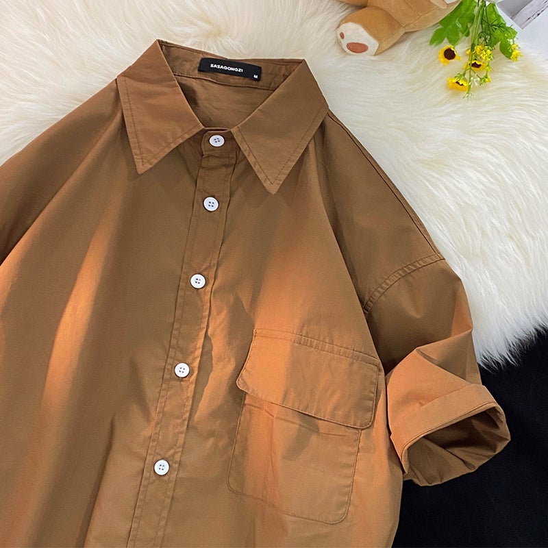 2024 Japanese Style Retro Short-Sleeved Shirt Men'S Summer Workwear Casual Pure Color Loose Large Size Export Cardigan Shirt - Image 1