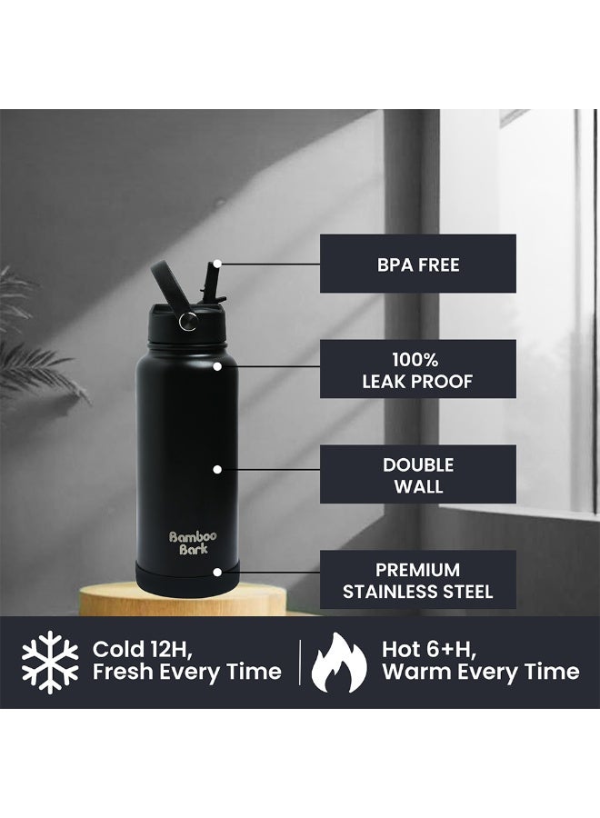 Bamboo Bark 1000 ML Insulated Water Bottle with Sipper Lid – Stainless Steel Double Wall Vacuum Flask for Hot & Cold Water Leak-Proof, Reusable Sports Thermos Bottle - (Black) - Image 2