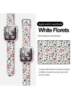 Replacement Printed Silicone Band for Apple Watch 45MM With Tempered Glass Case White Florets