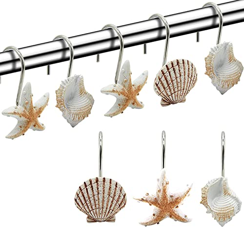 FINROS Seashell Shower Curtain Hooks,12PCS Anti Rust Decorative Resin Hooks for Bathroom, Baby Room, Bedroom, Living Room Decor (Light Brown Seashell) - Image 1