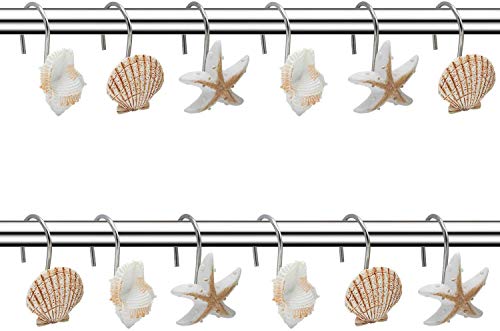 FINROS Seashell Shower Curtain Hooks,12PCS Anti Rust Decorative Resin Hooks for Bathroom, Baby Room, Bedroom, Living Room Decor (Light Brown Seashell) - Image 3
