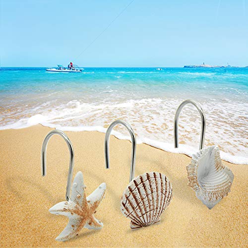 FINROS Seashell Shower Curtain Hooks,12PCS Anti Rust Decorative Resin Hooks for Bathroom, Baby Room, Bedroom, Living Room Decor (Light Brown Seashell) - Image 2