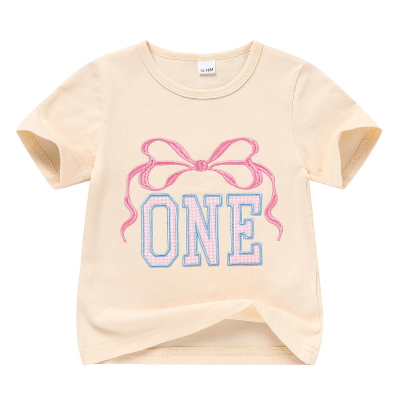 TITKKOP Baby Girl 1st Birthday Shirt,First Birthday Outfit Girl - One Year Old Short Sleeve Tee(9-12M,Beige) - Image 1