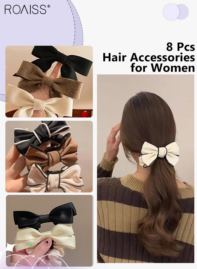 رويس 8 قطع من إكسسوارات الشعر الأنيقة على شكل فيونكة، 3 قطع من مشابك الشعر المحبوكة على شكل فيونكة مع شرائط، 3 قطع من مشابك المخلب على شكل فيونكة مزدوجة الجوانب، قطعتان من ربطات الشعر الساتان العتيقة، إكسسوارات شعر أنيقة مناسبة للارتداء اليومي والحفلات - Image 1