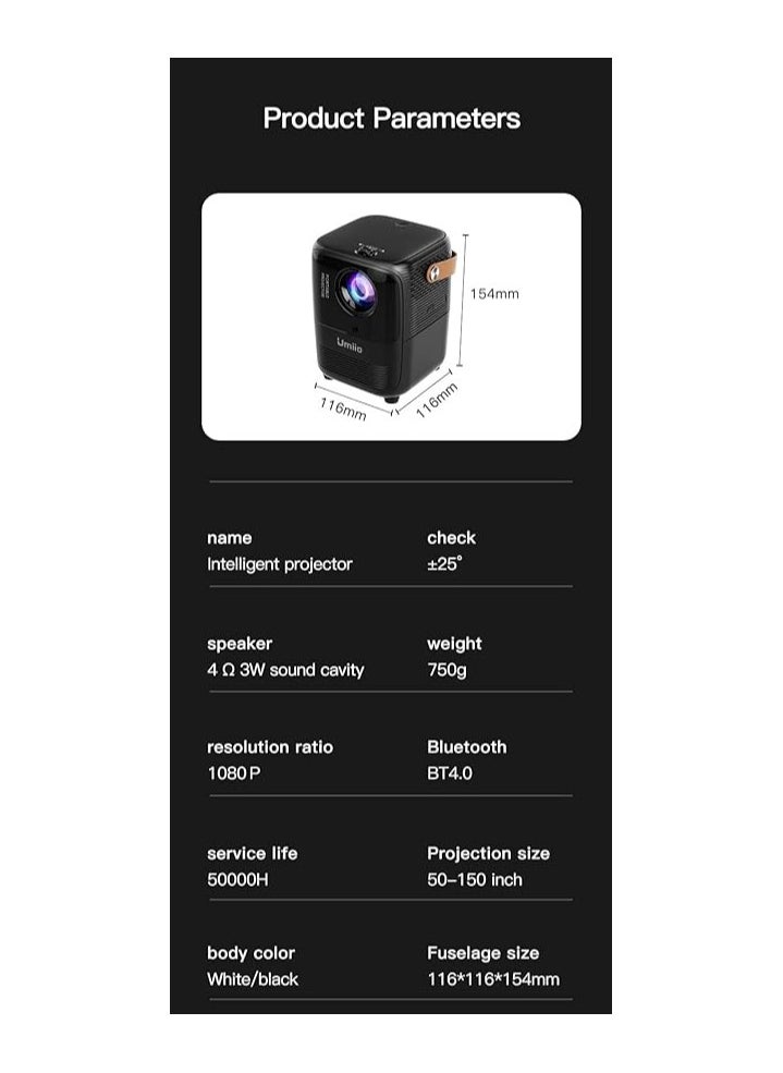Generic - Portable Smart TV Projector for Bedroom Wall, 150 ANSI Lumen, Native 1080p HD, Android OS with Build-in APP & Speaker, Connect iPhone/Android Phone with 2.4G WIFI/Bluetooth/HDMI- L2 (Black & White) - Image 1