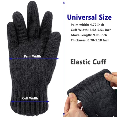 Beurlike Wool Winter Gloves for Men Women Fleece lined Touchscreen Warm Thermal Snow Cable Knit Gloves for Cold Weather Gift(Black) - Image 2