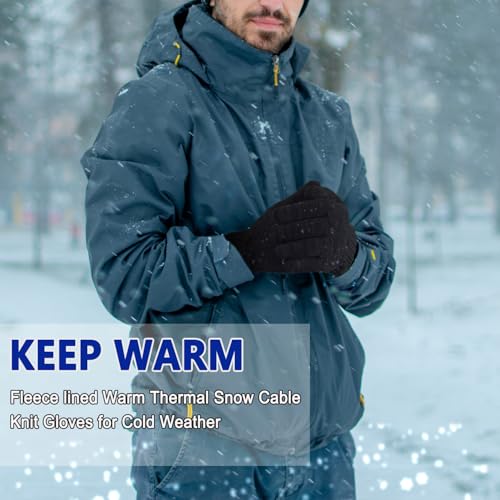Beurlike Wool Winter Gloves for Men Women Fleece lined Touchscreen Warm Thermal Snow Cable Knit Gloves for Cold Weather Gift(Black) - Image 5