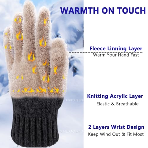 Beurlike Wool Winter Gloves for Men Women Fleece lined Touchscreen Warm Thermal Snow Cable Knit Gloves for Cold Weather Gift(Black) - Image 3