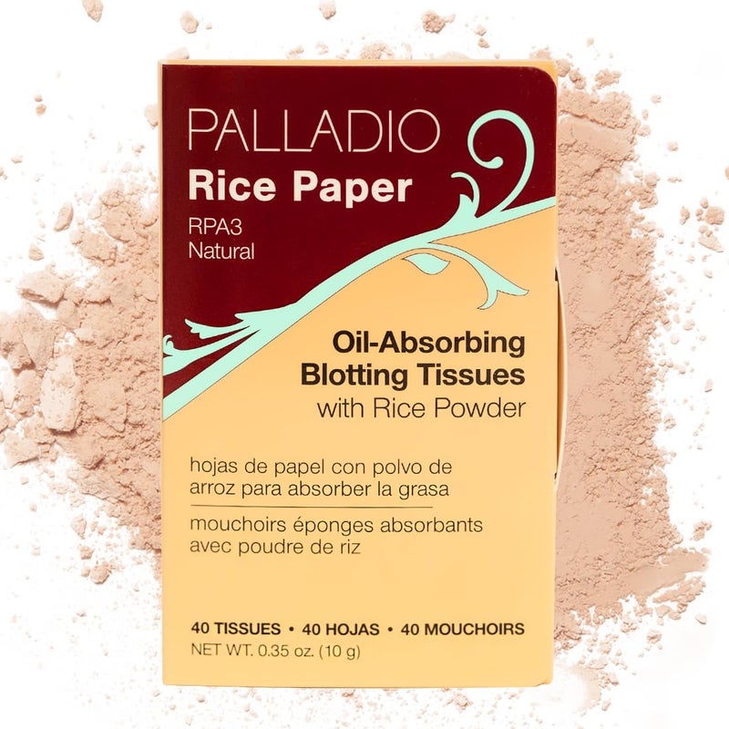 PALLADIO Palladio Rice Paper Facial Tissues for Oily Skin, Face Blotting Sheets Made from Natural Rice, Oil Absorbing Paper with Rice Powder, 2 Sided, Instant Results, Natural, 40 Count, Pack of 1 