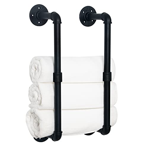 HouseAid Industrial Pipe Towel Rack, Farmhouse Bathroom Towel Storage Holder, Vintage Style Towel Organization, Wall Mounted, Matte Black - Image 1