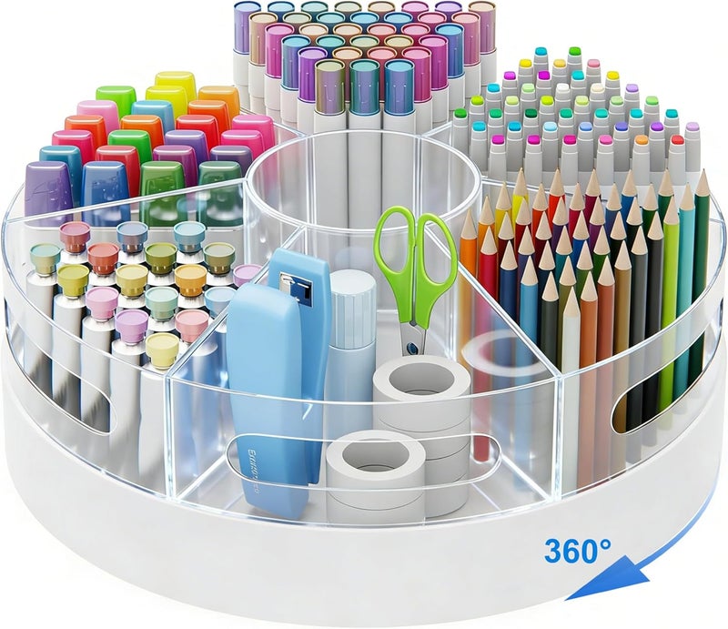 CraftGenes Rotating Pen Organizer for Desk, White Base & Acrylic Pen Holder, 360° Smooth Spinning Desk Organizer with 7 Removable Compartments for Office, Home, Classroom, Marker Organizer - Image 1