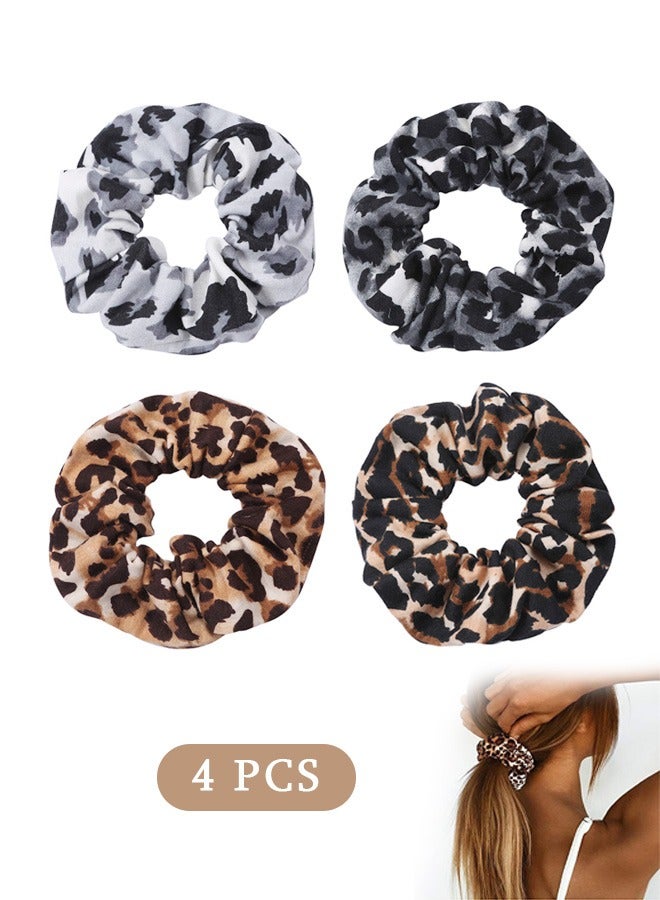 4 Pcs Leopard Print Hair Scrunchies Hair Ties, Cotton Elastic Hair Band, Scrunchies Hair Ties for Women (Brown+Black) - Image 1