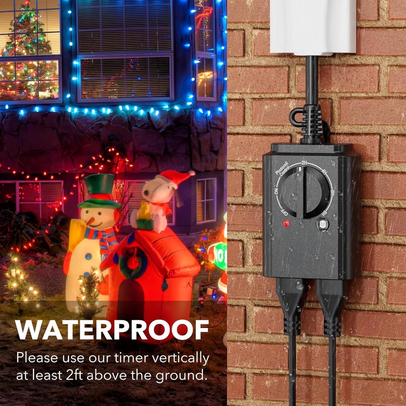 BN-LINK Outdoor Light Timer with Dusk to Dawn Sensor, Weatherproof Dual Grounded Outlets for Christmas Decorations, 15A 1/2HP ETL Listed(2 Pack) - Image 4