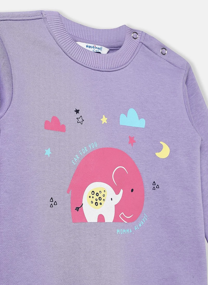Nautinati Nautinati Lavender Fleece Co-Ord Set of Graphic Sweater and Heart Printed Joggers for Infants