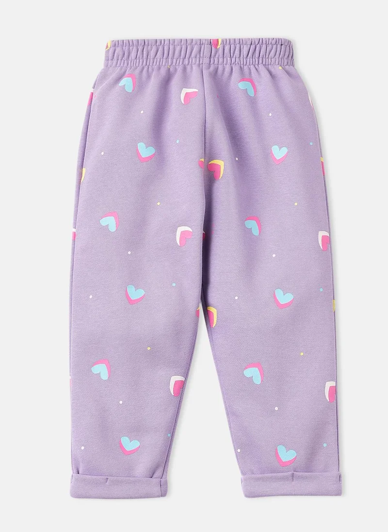 Nautinati Nautinati Lavender Fleece Co-Ord Set of Graphic Sweater and Heart Printed Joggers for Infants