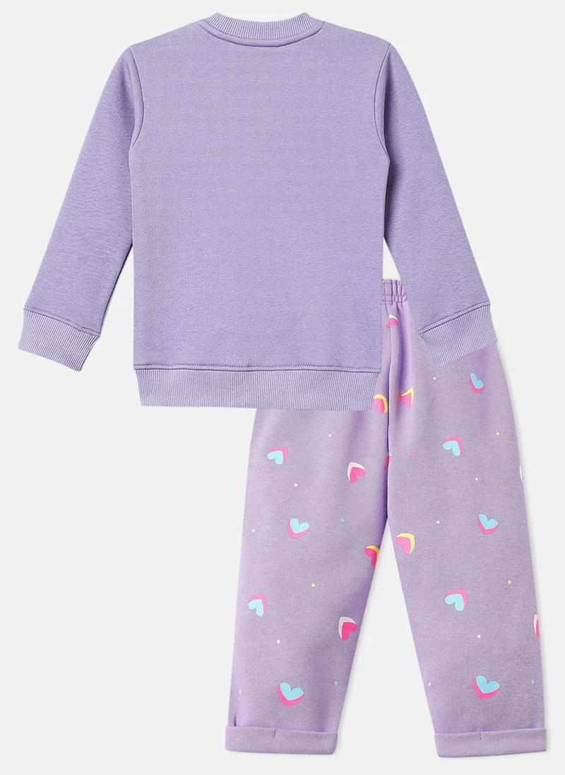 Nautinati Nautinati Lavender Fleece Co-Ord Set of Graphic Sweater and Heart Printed Joggers for Infants