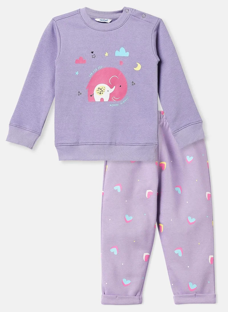 Nautinati Nautinati Lavender Fleece Co-Ord Set of Graphic Sweater and Heart Printed Joggers for Infants