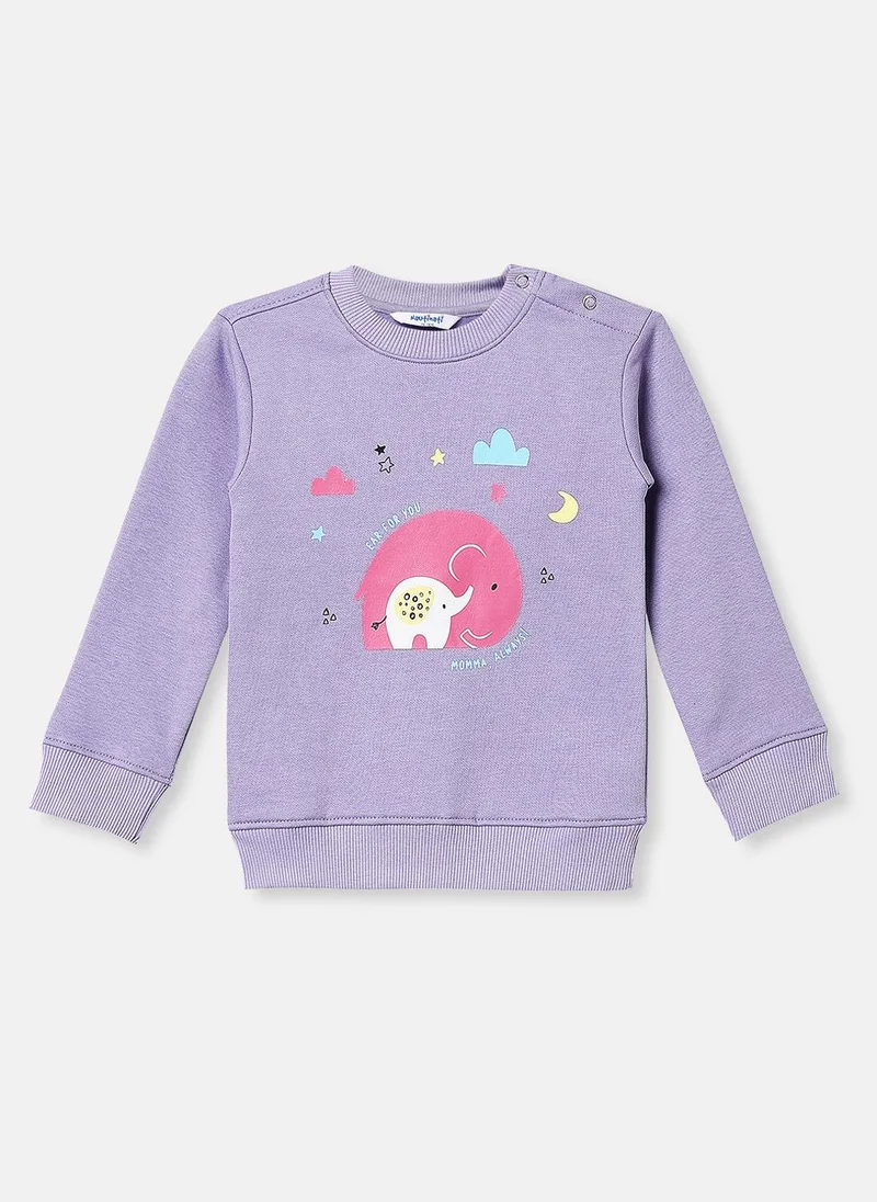 Nautinati Nautinati Lavender Fleece Co-Ord Set of Graphic Sweater and Heart Printed Joggers for Infants