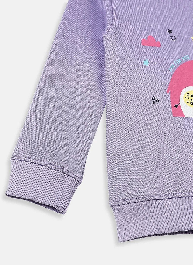 Nautinati Nautinati Lavender Fleece Co-Ord Set of Graphic Sweater and Heart Printed Joggers for Infants
