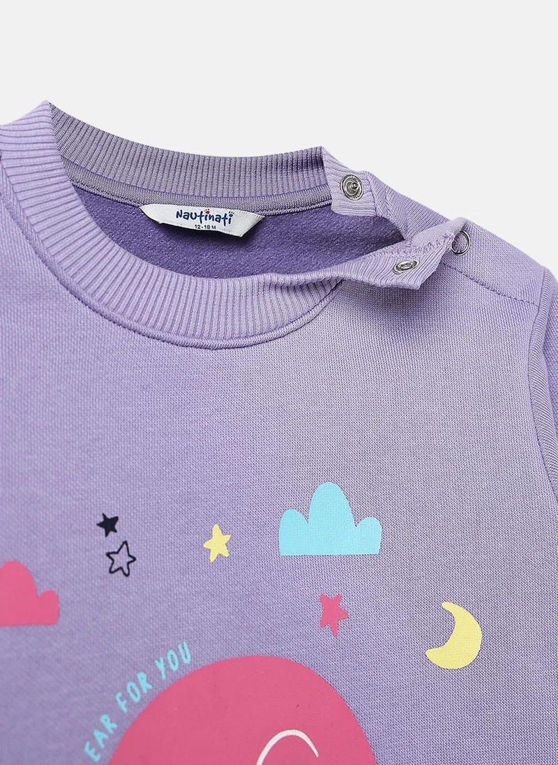 Nautinati Nautinati Lavender Fleece Co-Ord Set of Graphic Sweater and Heart Printed Joggers for Infants