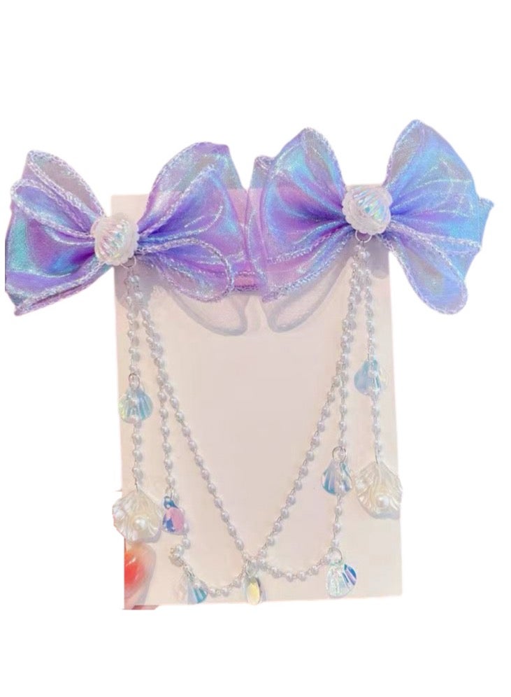 Kids mermaid style hair clip,Forehead bracelet,Bow chain clip, Purple color - Image 1