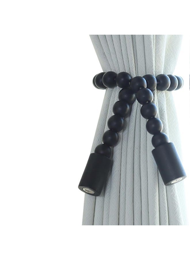 Meplait 2 Pack Magnetic Curtain Tiebacks, Wooden Bead Curtain Holdbacks Adjustable Decorative Tie Backs for Living Room, Bedroom, Nursery Decor (2, Black) - Image 1