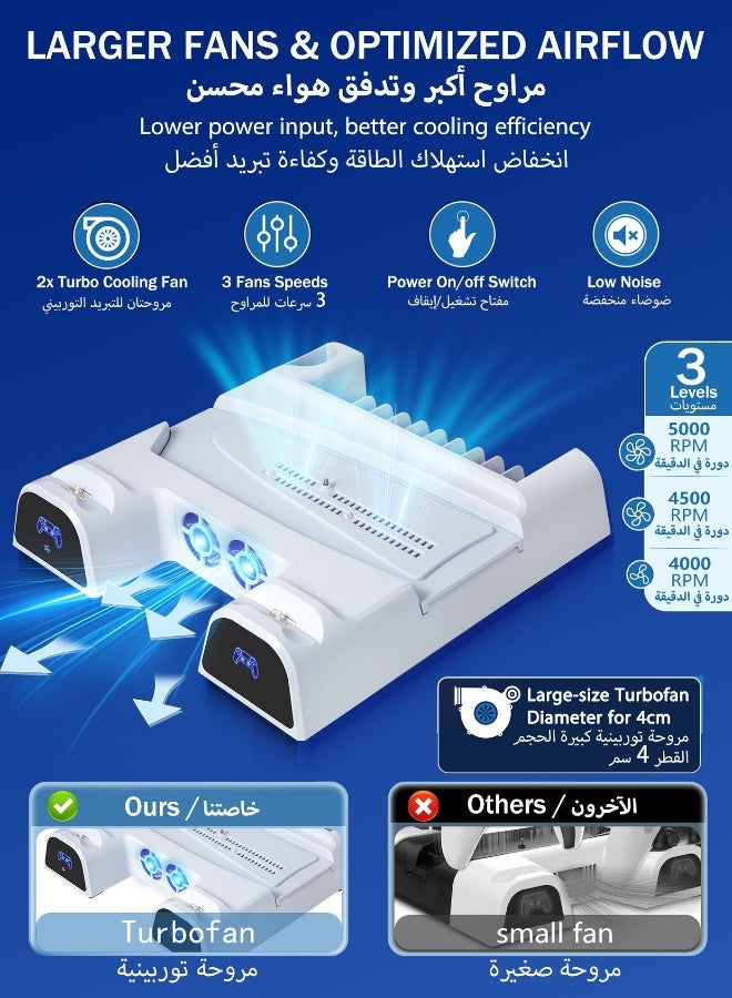 دوبي منصة تبريد PS5 القياسية/النحيفة/المحسّنة مع محطة شحن مزدوجة للتحكم مع إضاءة LED، ومنصة عمودية مع مساحة تخزين لأقراص الألعاب، ومجموعة من الإكسسوارات لجهاز PS5 - Image 2