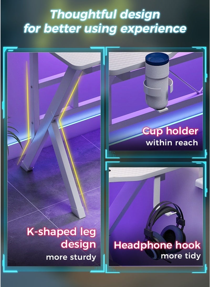 ADEBOLA K Shaped Gaming Table Computer Desk with Cup Holder and Headphone hook, Carbon Fiber Surface PC Gaming Desk for Home Office - Image 4