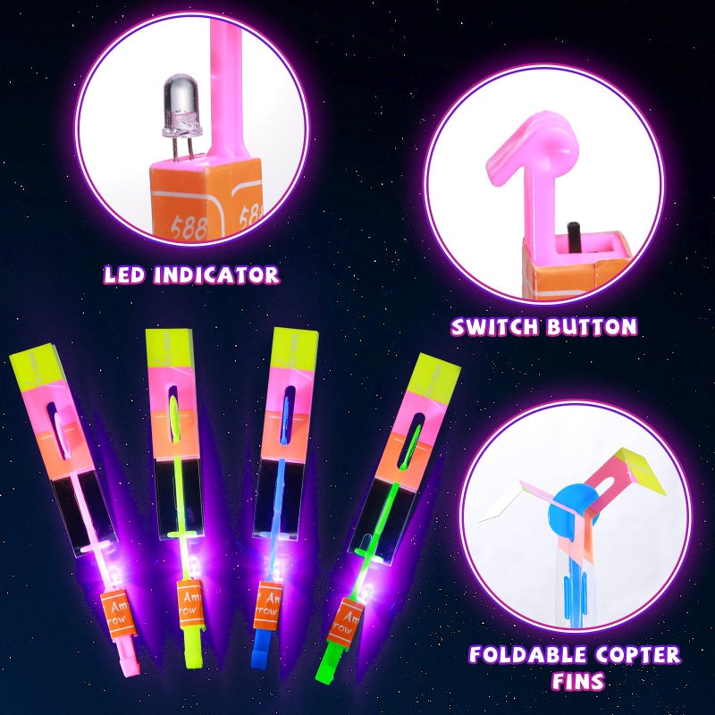 SCIONE 24 Sets LED Flying Set, 24 Slingshot+24 Glow Helicopter-48 Pcs, Flying Toy Outdoor Toys Glow in The Dark Party Supplies Party Favors for Kids 8-12,4-8 - Image 4