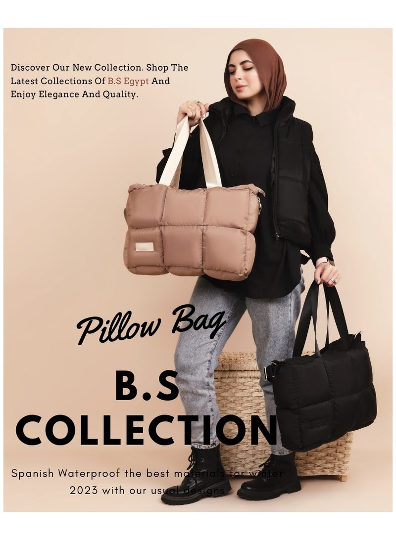 B.S COLLECTION - Large capacity waterproof soft quilted shoulder bag and hand bag for women - Cafe - Image 1