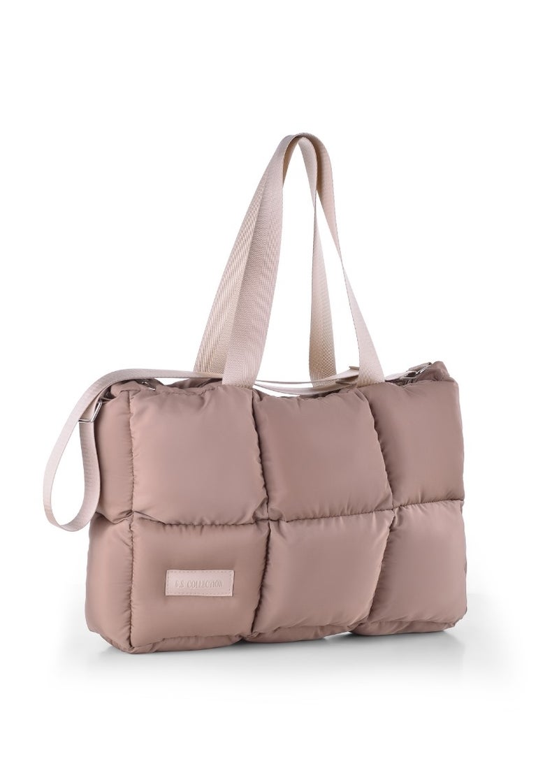 B.S COLLECTION - Large capacity waterproof soft quilted shoulder bag and hand bag for women - Cafe - Image 1