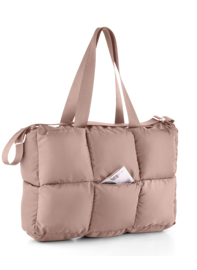 B.S COLLECTION - Large capacity waterproof soft quilted shoulder bag and hand bag for women - Cafe - Image 1