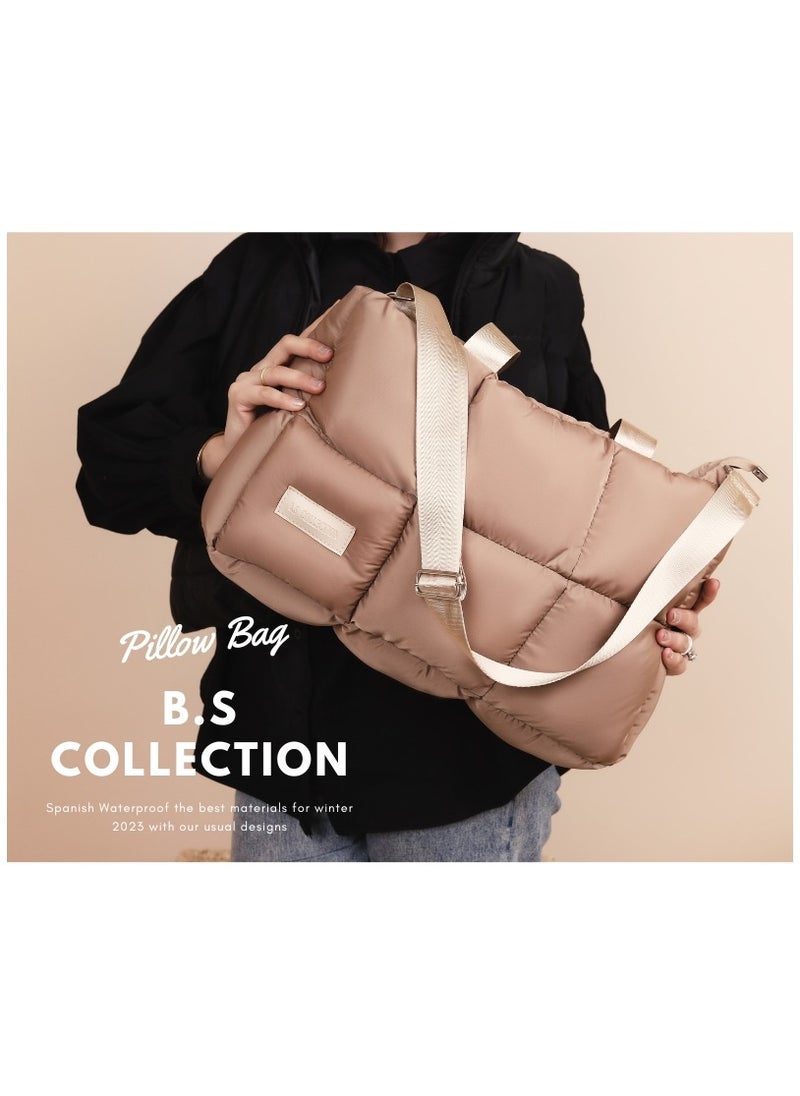 B.S COLLECTION - Large capacity waterproof soft quilted shoulder bag and hand bag for women - Cafe - Image 1