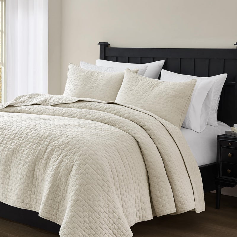palassio Beige 100% Cotton Quilt King Size Bedding Sets with 2 Pillow Shams, Textured Lightweight Soft Bedspread Shabby Chic Coverlet, Neutral Quilted Comforter Bed Cover for All Season, 3 Pieces - Image 5