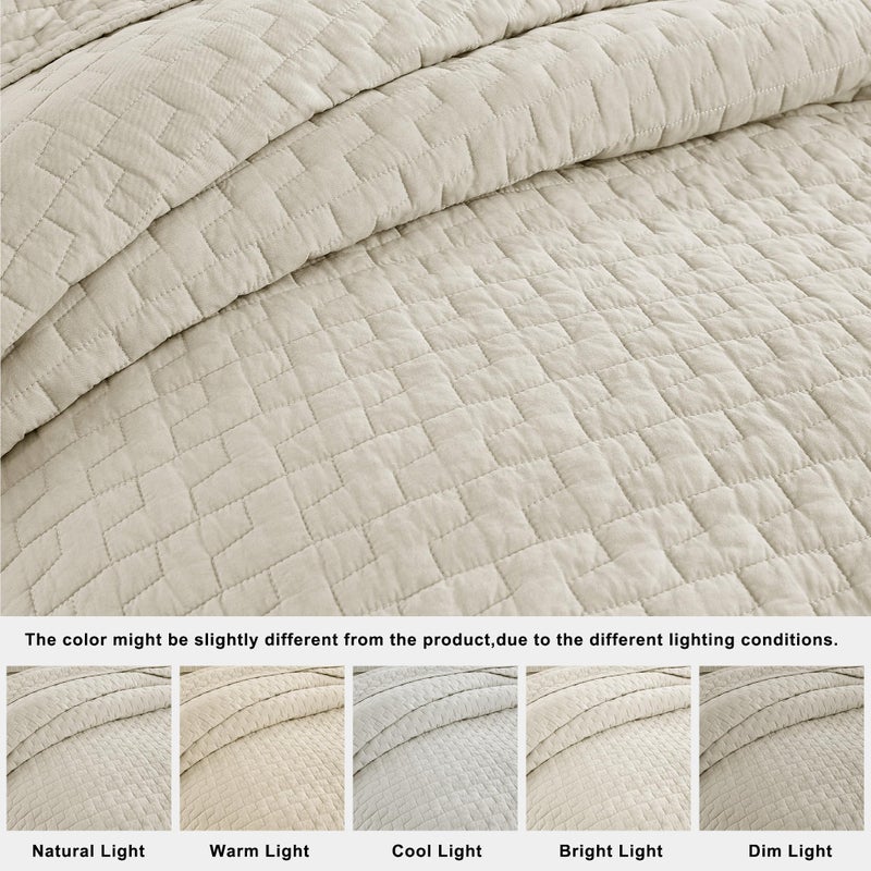 palassio Beige 100% Cotton Quilt King Size Bedding Sets with 2 Pillow Shams, Textured Lightweight Soft Bedspread Shabby Chic Coverlet, Neutral Quilted Comforter Bed Cover for All Season, 3 Pieces - Image 2
