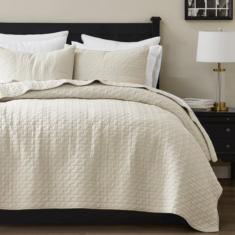 palassio Beige 100% Cotton Quilt King Size Bedding Sets with 2 Pillow Shams, Textured Lightweight Soft Bedspread Shabby Chic Coverlet, Neutral Quilted Comforter Bed Cover for All Season, 3 Pieces - Image 1