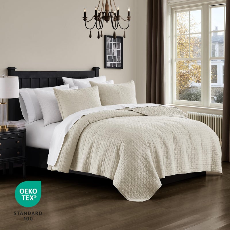 palassio Beige 100% Cotton Quilt King Size Bedding Sets with 2 Pillow Shams, Textured Lightweight Soft Bedspread Shabby Chic Coverlet, Neutral Quilted Comforter Bed Cover for All Season, 3 Pieces - Image 3