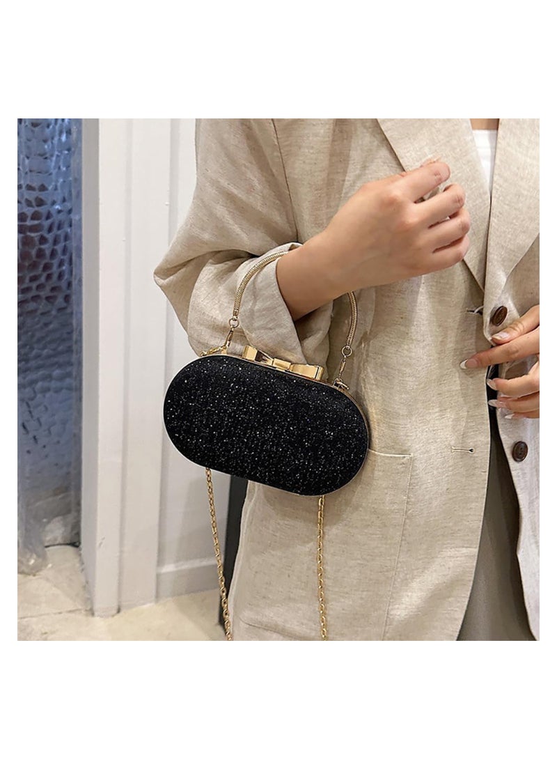 SOLARAE Oval Sequin Bowknot Crossbody Bag, Pleated Glitter Shiny Ellipse Dinner Handbag, Women's Hard Shell Shoulder Purse Tote - Image 2